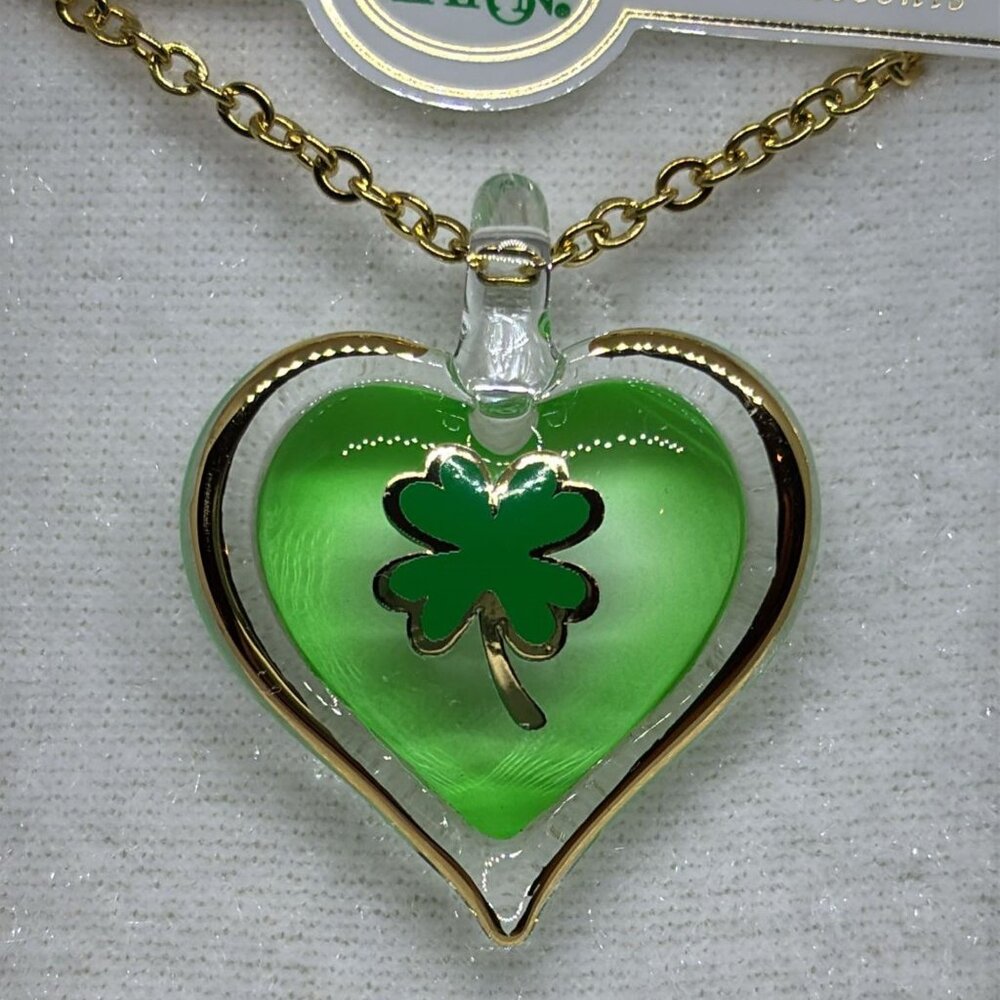 Lucky Heart Necklace Four Leaf Clover Gold Tone Good Luck Gift